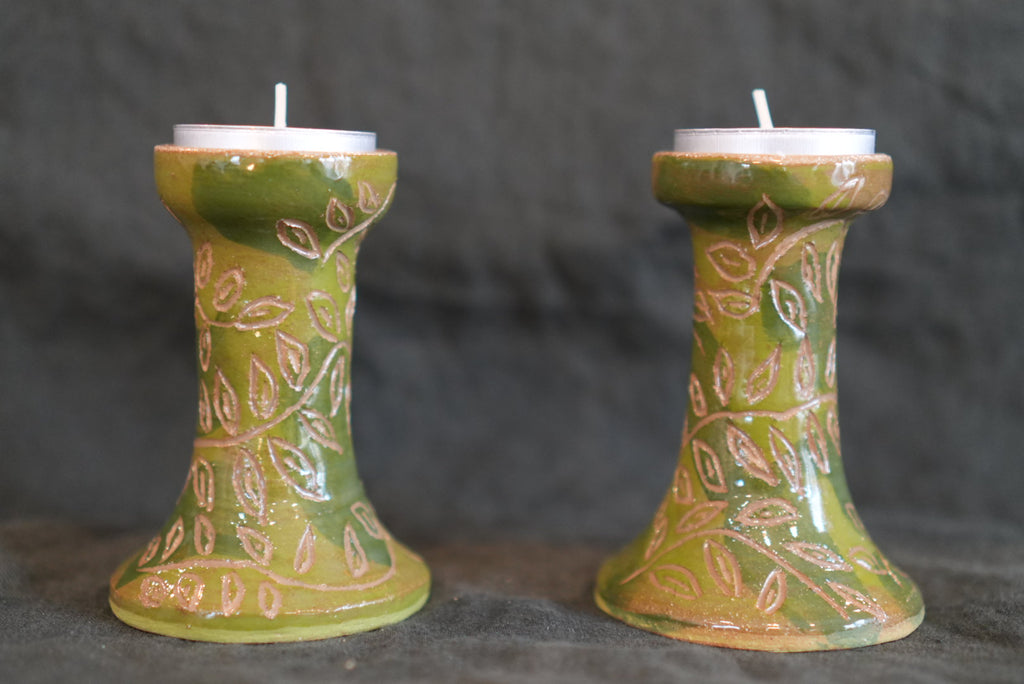Green Leaf-Motif Candlesticks