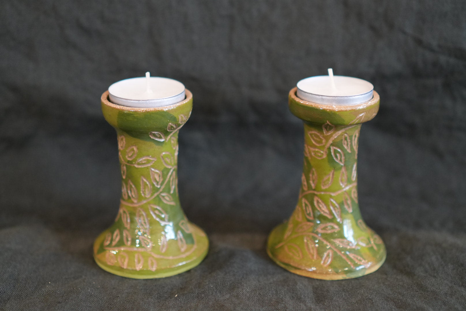 Green Leaf-Motif Candlesticks