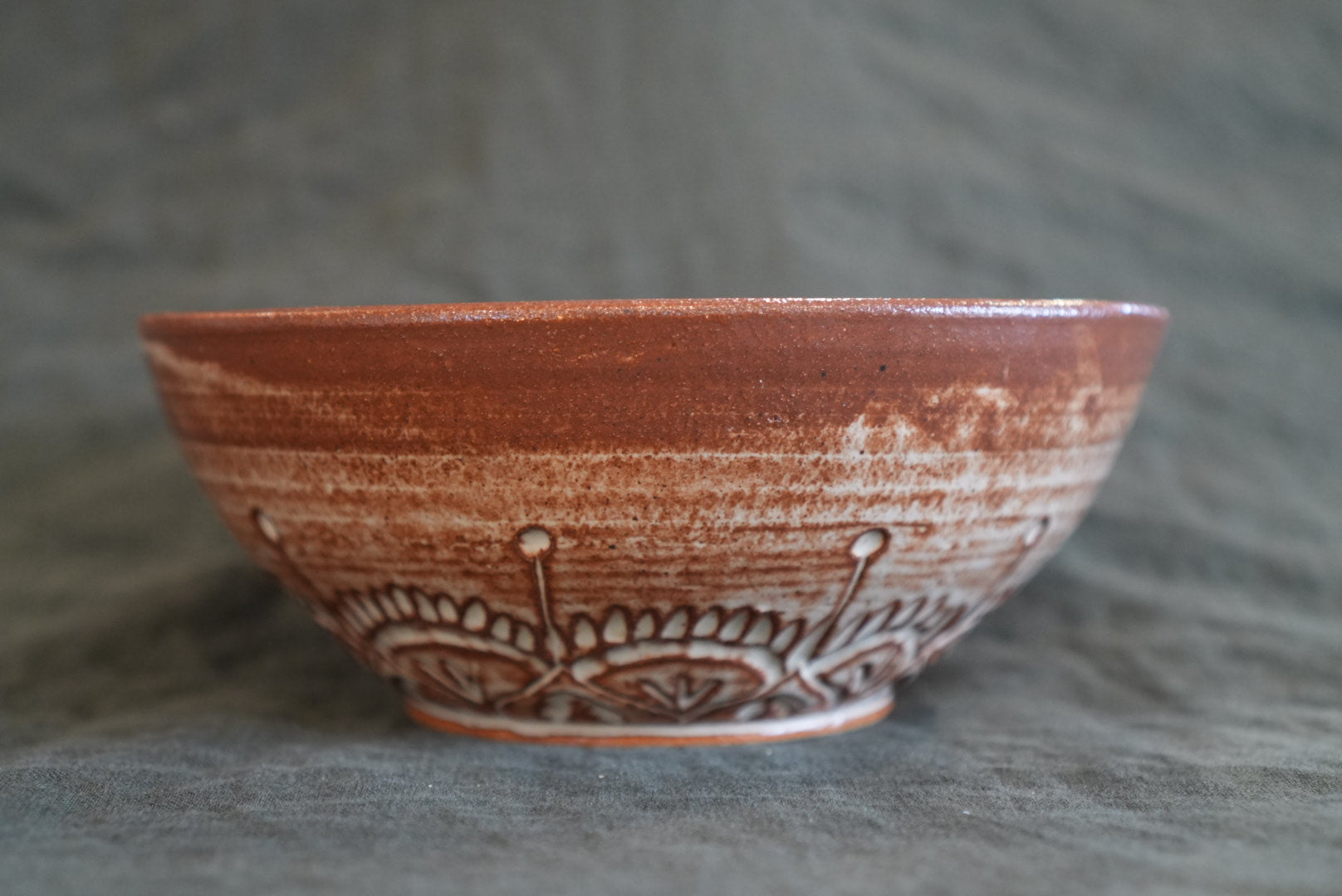 Brown and White Mandala-Inspired Carved Large Bowl