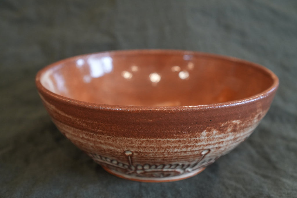 Brown and White Mandala-Inspired Carved Large Bowl