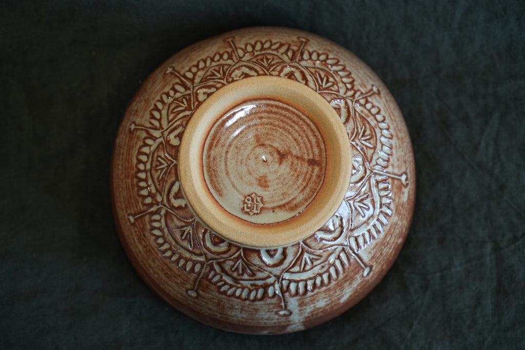 Brown and White Mandala-Inspired Carved Large Bowl