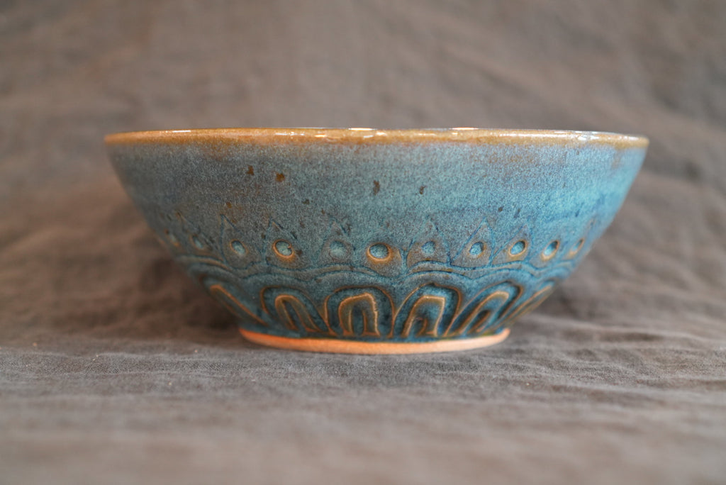 Floating Blue Mandala-Inspired Carved Large Bowl